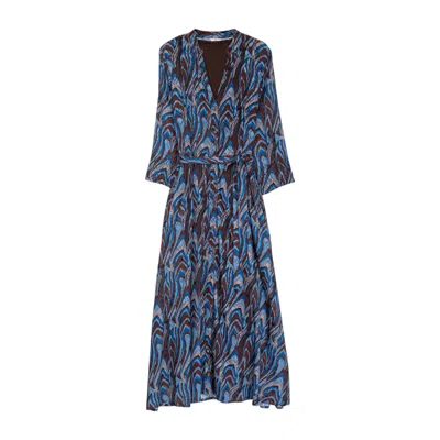 Niza Women's Long Blue And Brown Dress With V-neckline