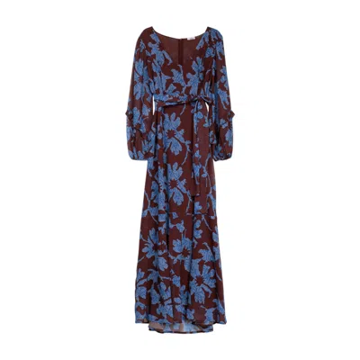 Niza Women's Long Brown Dress With Blue Floral Print