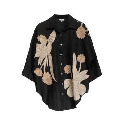 Niza Women's Neutrals / Black Black Floral Linen Blouse Tulum