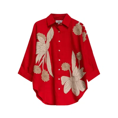 Niza Women's Neutrals / Red Red Embroidered Floral Linen Shirt Tulum