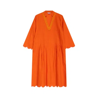 Niza Women's Orange Flowy Midi Dress With Embroidered Neckline And Short Sleeves