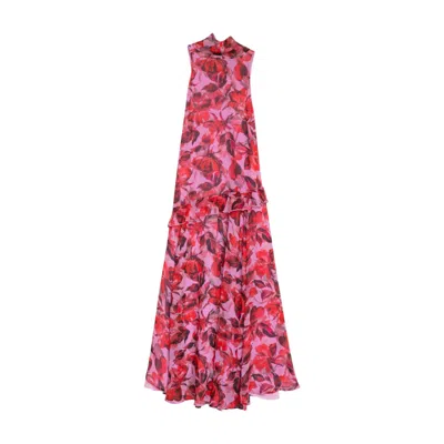 Niza Women's Pink Long Printed Dress With Ruffles And A Tie Neckline