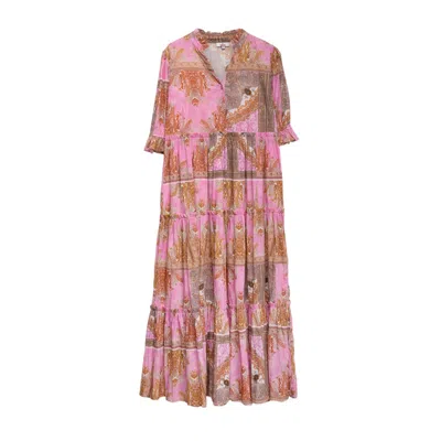 Niza Women's Pink / Purple Long Dress With Ruffles And Short Sleeves In Pink/purple