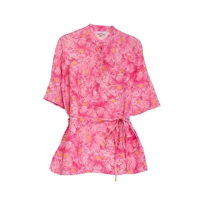 Niza Women's Pink Sleeveless Floral Print Short Dress With Ruched Detail