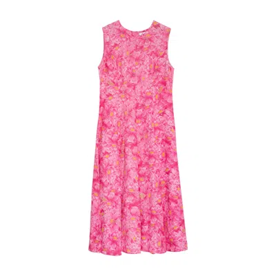 Niza Women's Pink Sleeveless Midi Dress With Ruched Bodice And Printed Skirt