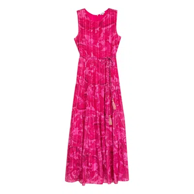 Niza Women's Purple Vertical Striped Midi Dress With Embroidered Detail And Belt In Pink