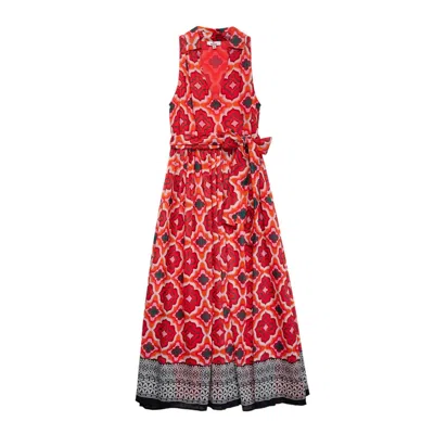 Niza Women's Red Long Sleeveless Dress With Geometric Print