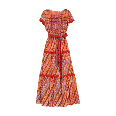 Niza Women's Red Midi Dress With Contrasting Print And Bow In Multi