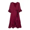 Niza Women's Red Midi Dress With Ruffle In Red