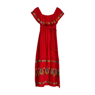 Niza Women's Red Printed Bardot Neckline Dress Creta