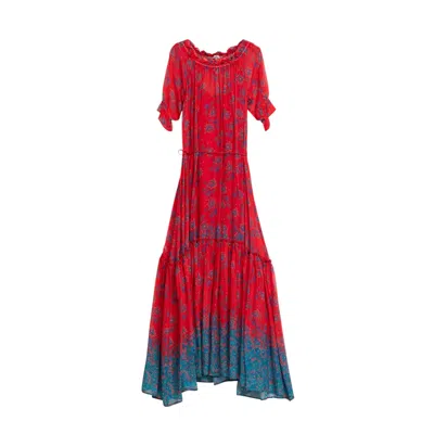 Niza Women's Red Wide Long Dress With Ruffle