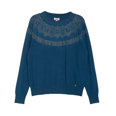 Niza Women's Round Neck Sweater With Rhinestones On Neckline Blue