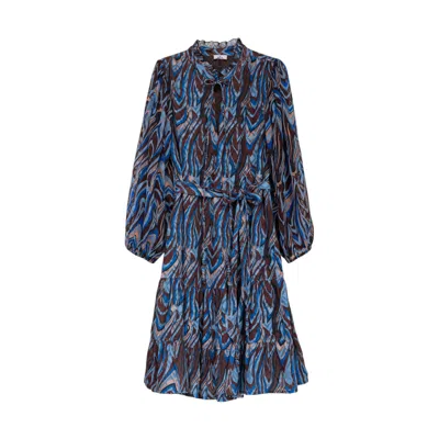 Niza Women's Short Blue And Brown Dress With V-neckline