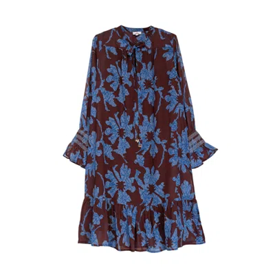 Niza Women's Short Brown Dress With Blue Floral Print