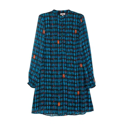 Niza Women's Short Dress With Round Neck And Long Sleeves Blue
