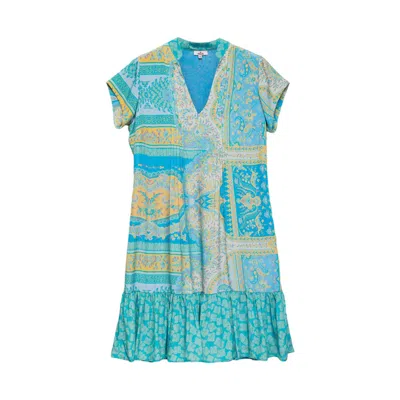 Niza Women's Short Dress With Ruffle And Combined Prints Blue
