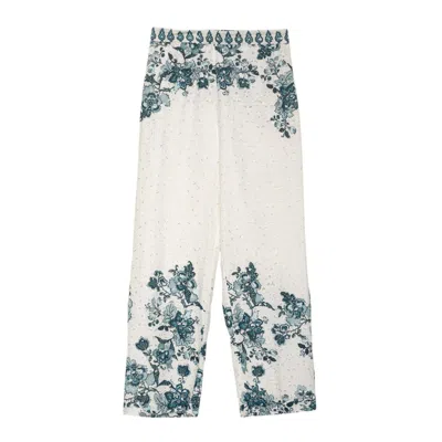 Niza Women's White Perforated Cotton Trousers Salvia