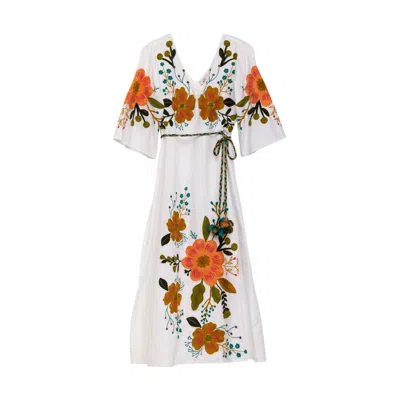 Niza Women's White / Yellow / Orange Embroidered Floral Dress Marina In Multi
