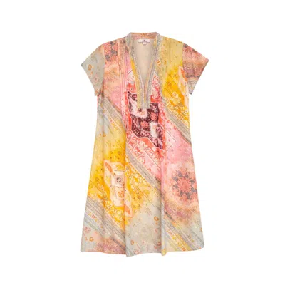 Niza Women's Yellow Long, Flowing, Sleeveless Dress With Geometric Print And Belt In Multi