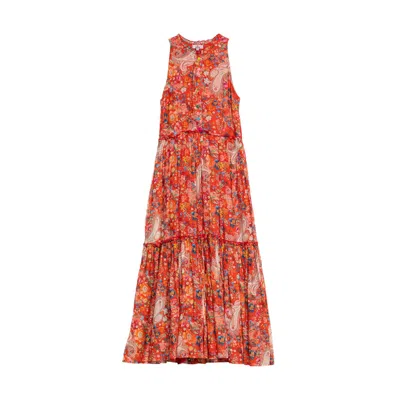 Niza Women's Yellow / Orange Armhole Sleeve Long Dress With Cashmere Print In Yellow/orange
