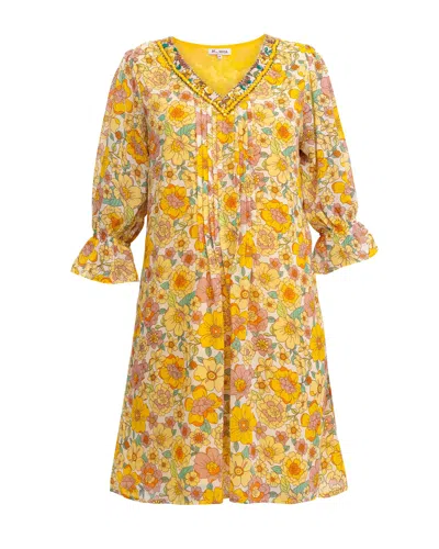 Niza Women's Yellow / Orange Printed Short Dress With Embroidery In Yellow/orange