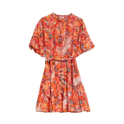 Niza Women's Yellow / Orange Short Dress With Round Neckline Ruffle And V-neckline In Yellow/orange