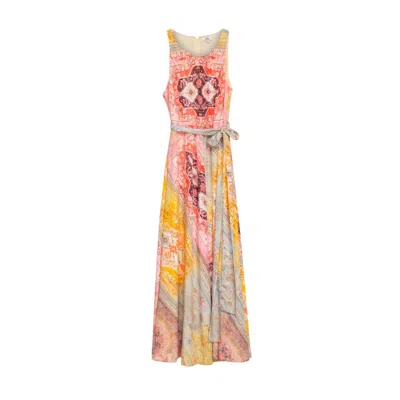 Niza Women's Yellow Short, Flowy Dress With Long Sleeves, Geometric Print, And Tie Detail. In Pink