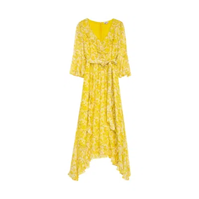 Niza Women's Yellow Short Printed Dress With Decorative Detail At The Neckline