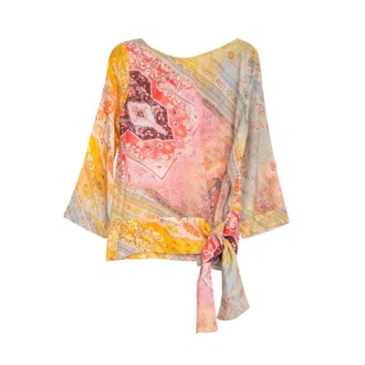 Niza Women's Yellow Short Shirt Dress With Embroidered Hem And Belt In Multi