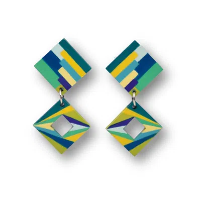 Nkv Stuff Women's Blue / Green / Yellow Eliana Hand-painted Wooden Drop Earrings