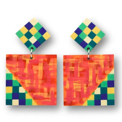 Nkv Stuff Women's Blue / Green / Yellow Meira Hand-painted Wooden Drop Earrings