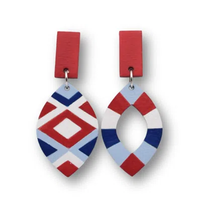 Nkv Stuff Women's Blue / Red / White Marinero Hand-painted Wooden Drop Earrings