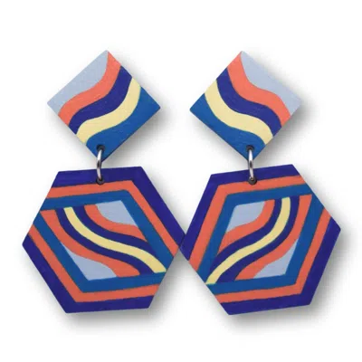 Nkv Stuff Women's Blue / Yellow / Orange Vertigo Hand-painted Wooden Drop Earrings