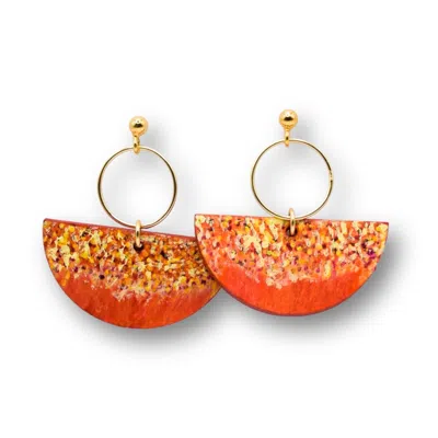 Nkv Stuff Women's Yellow / Orange / Gold Hand-painted Wooden Earrings With Gold-plated Silver Hoops