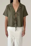 Nlt Linen Short Sleeve Tie Front Collared Blouse In Olive In Green
