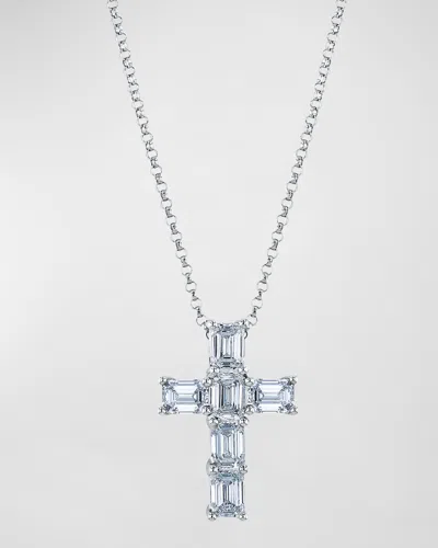 Nm Diamond Collection 18k White Gold Emerald Cut Diamond Cross Necklace In Metallic