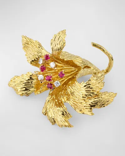 Nm Estate Estate Cartier 18k Yellow Gold And White Gold Flower Brooch With Rubies And Diamonds