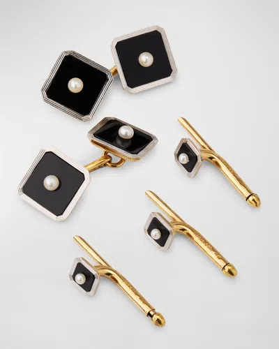Nm Estate Estate Tiffany 14k Yellow Gold Pearl And Black Onyx Art Deco Gents Set