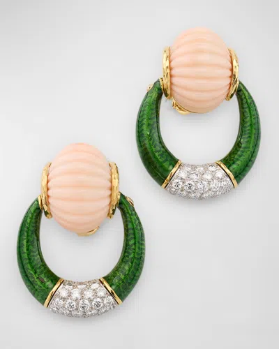 Nm Estate Estate Webb 18k Yellow Gold Green Enamel, Pink Coral And Diamond Clip Earrings