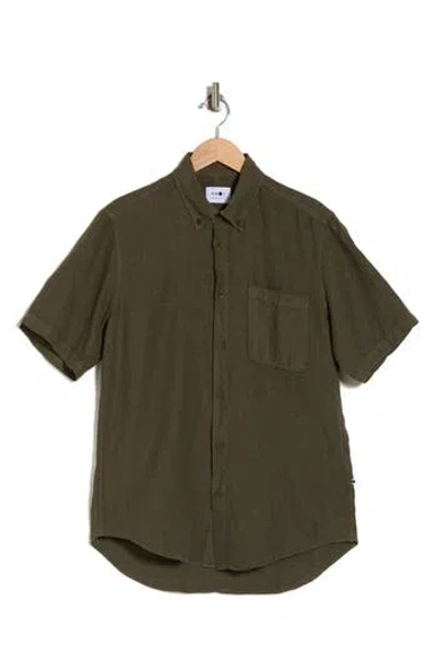 Nn07 Arne Short Sleeve Button-up Linen Shirt In Khaki Army