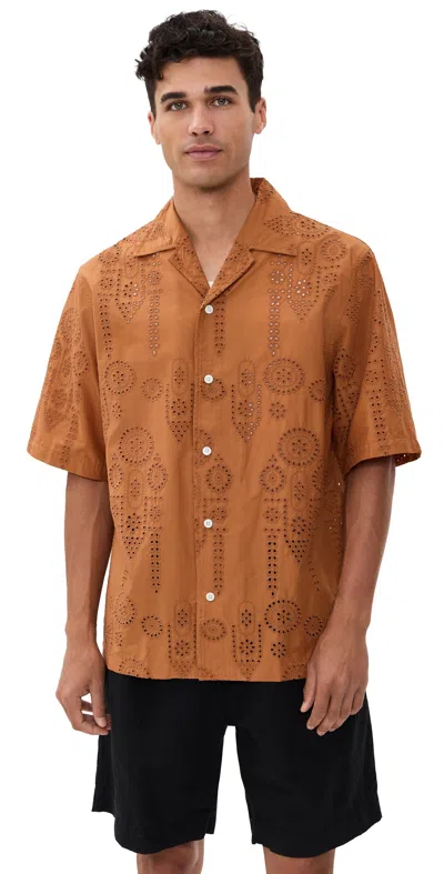 Nn07 Ben Embroidered Camp Shirt Caramel In Brown