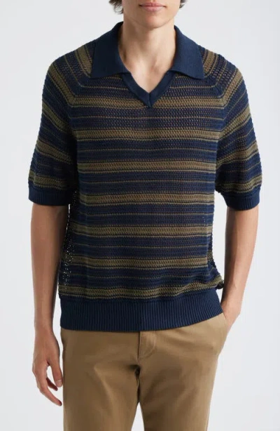 Nn07 Cale 60056 Striped Pointelle-knit Linen And Cotton-blend Polo Shirt In Black