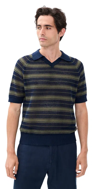 Nn07 Cale 60056 Striped Pointelle-knit Linen And Cotton-blend Polo Shirt In Black