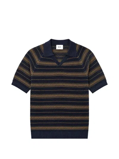 Nn07 Cale 60056 Striped Pointelle-knit Linen And Cotton-blend Polo Shirt In Black