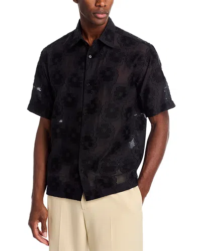 Nn07 Freddy 50045 Embroidered Floral Short Sleeve Cotton Blend Button-up Shirt In Black