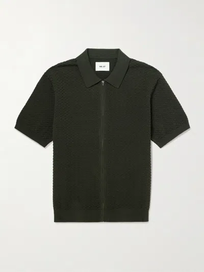 Nn07 Gustav 600160 Textured Organic Cotton Zip-up Polo Shirt In Green
