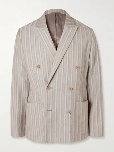 Nn07 Jordin 10058 Double-breasted Striped Cotton-blend Herringbone Blazer In Brown