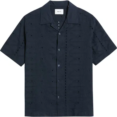 Nn07 Julio 5392 Camp-collar Broderie Anglaise Cotton Shirt In Blue
