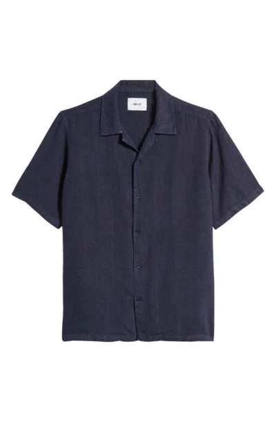 Nn07 Julio 5706 Solid Linen Camp Shirt In Navy Blue