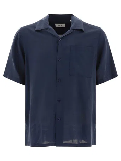 Nn07 Julio 1040 Stretch Short Sleeve Organic Cotton Button-up Camp Shirt In Blue
